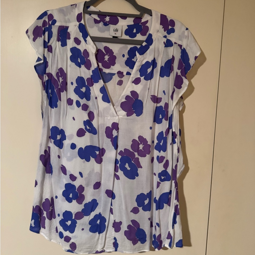 CAbi White Blouse with Blue and Purple Floral Print XL